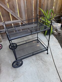Vintage Black Wrought Iron Outdoor Bar Cart