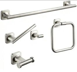 4-Piece Bath Hardware Set with 24 in. Towel Bar Toilet Paper Holder Towel Hook Towel Ring in Satin Nickel