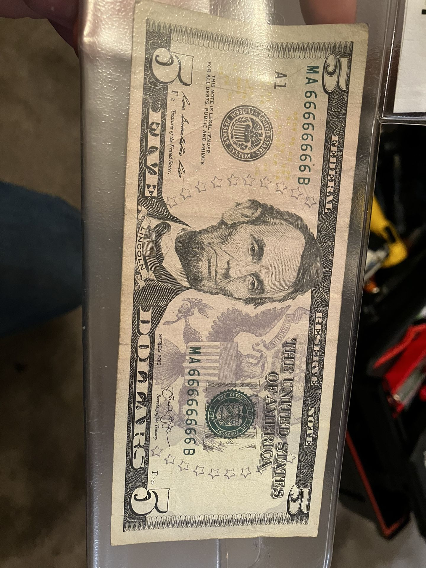 Fancy Solid Serial Number 5 Dollar Bill