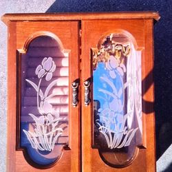 Vintage Wooden Armoire Style Standing Jewelry Box, Etched Floral Glass, See 2nd pic