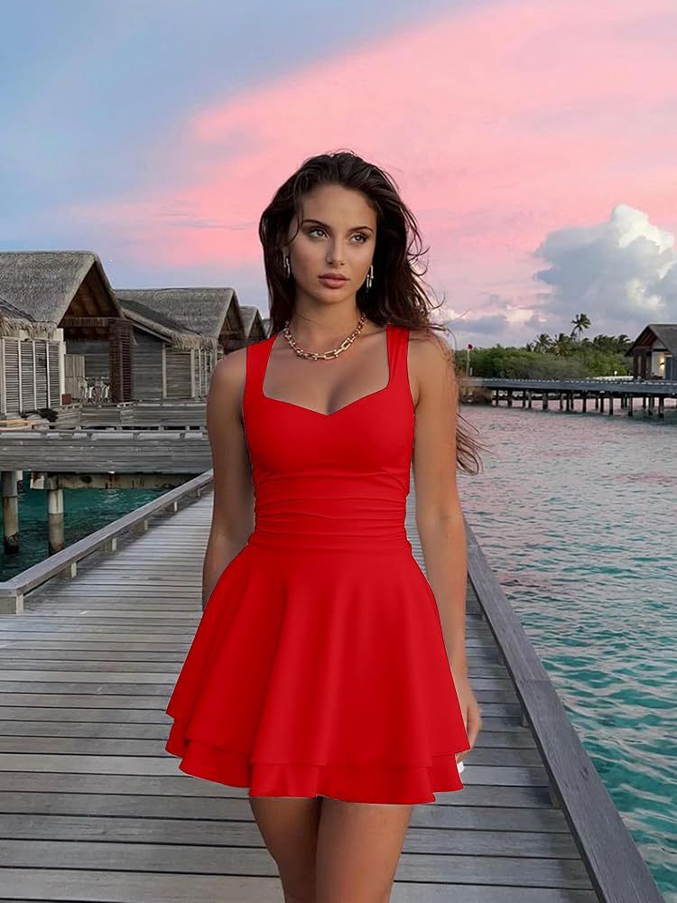 Kaximil Women's Sexy Square Neck Sleeveless Mini Dress Ruched Ruffle Hem Corset Party Dresses