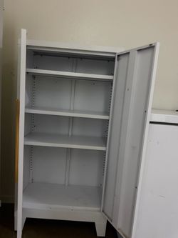 White Metal Storage Cabinet with Gold Handles