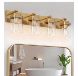 Brushed Gold Bathroom Light Fixtures, 4 Lights Bathroom Lighting Fixtures Over Mirror, Square Design & Rectangle Large Backplate, Modern Vanity Lighti