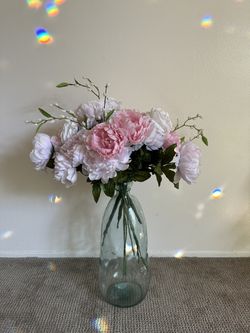 Pink flowers - peonies, roses, white fuzz with clear vase - Faux Flowers