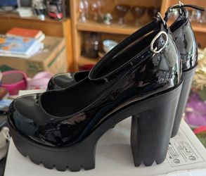 Woman's Size 8.5 Minimalist Thick Sole Ankle Strap Black Fashion Solid Color Ankle Strap Women's High Heels All Season Elegant Mary Jane Shoes Party S