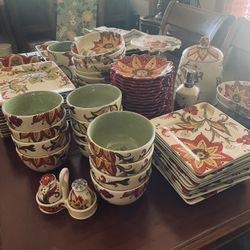 Massive 98 Pier 1 "Carynthum" Hand-Painted Boho Dinnerware Set - Service for 12 + Rare Hostess Pieces & Linens