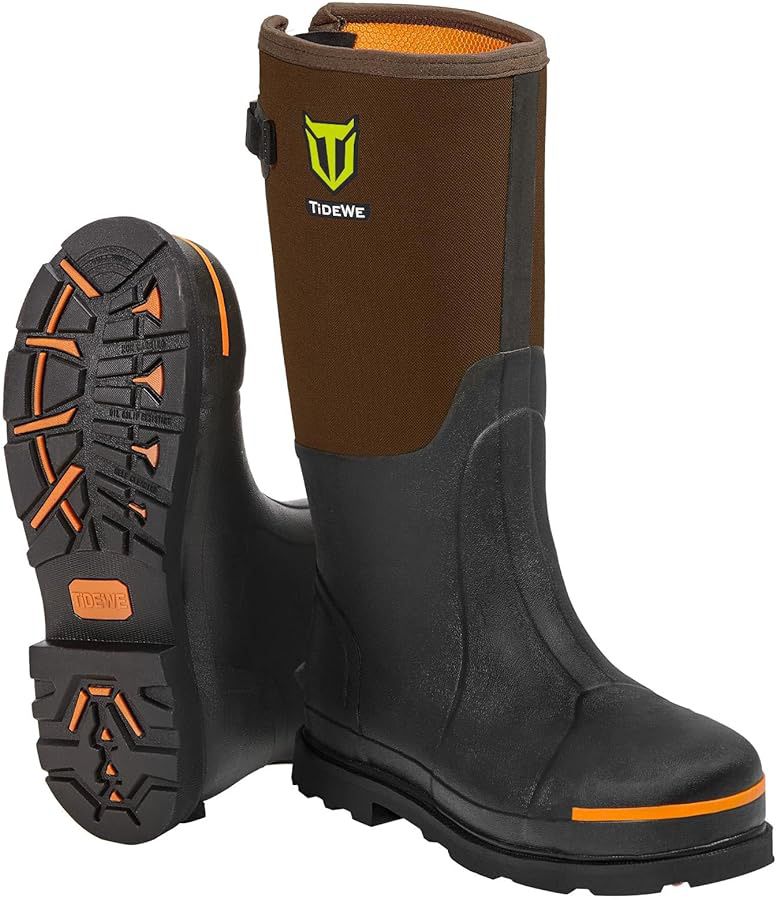 TideWe Rubber Work Boot for Men with Steel Toe & Shank, Waterproof Anti Slip Hunting Boot, 6mm Neoprene Hunting Boot, Durable Brown Rubber Boot for Ma