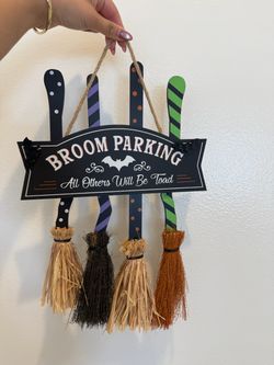 Halloween Broom Parking wooden wall sign decorated with miniature hanging witch brooms