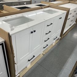 Bathroom vanity cabinet 72” solid mango Quartz top with sinks and backsplash