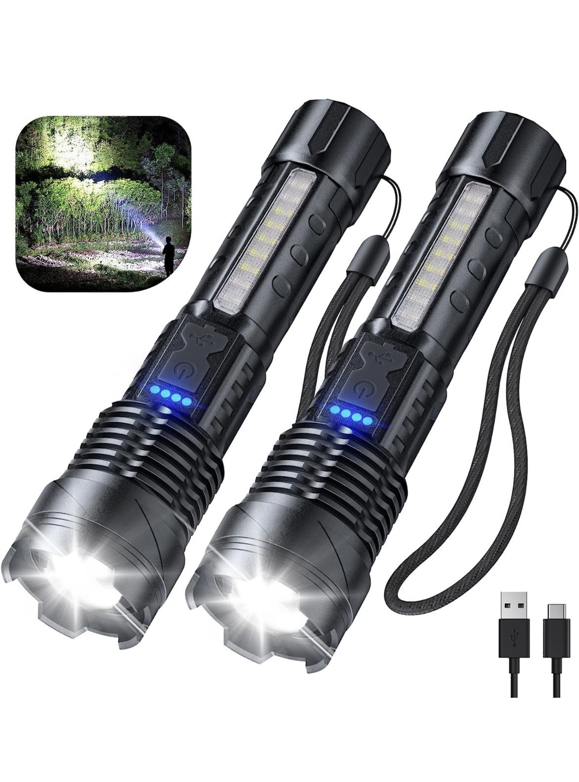 Rechargeable 2 Pack, 280000 Lumen Super Bright Led Flashlights with 7 Light Modes, IPX6 Waterproof, Zoomable, Powerful Handheld Flash Light for Campin
