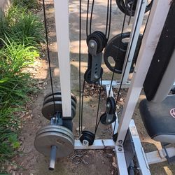 2022 MARCY SMITH MACHINE 300LB OLYPIC WEIGHT 2 80 IB DUMBELLS MANY INTERCHAGABLE SETTINGS 