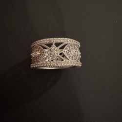 Vintage 925 Silver Diamond Filligree Wide Band Ring Size 8