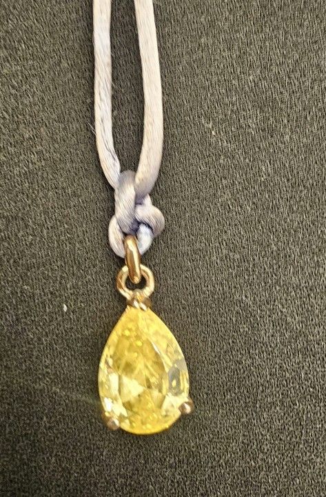 Yellow Teardrop Rinestone Pendant On Lilac Fabric Cord