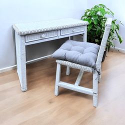 Vintage White Wicker Desk With Chair