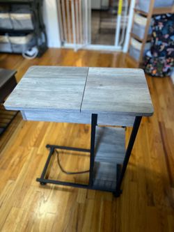 C-Shaped End Table w/ Charging Station & Storage Shelf – Gray