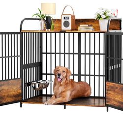 XL Dog Crate Furniture, Large Dog Kennel Indoor with 2 Adjustable Bowls, Heavy Duty Dog Crate for Large Dogs 48 Inch, Wooden Dog Cage Brown, 48" L X 3