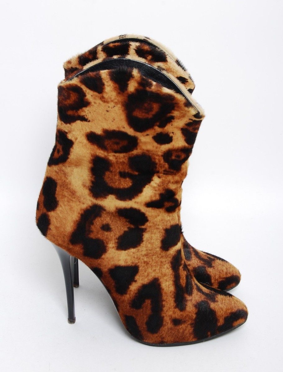GIUSEPPE ZANOTTI WOMEN BROWN ANKLE BOOTS FUR LEOPARD PRINT HEELS BOOTIES 