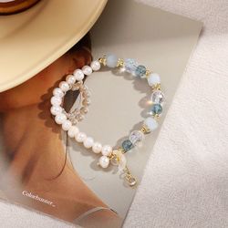 Freshwater Pearl and Crystal Mixed Flower Pendant Bracelet（Blue)