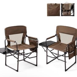 Portable Folding Camping Chair, Directors Chair with Side Table & Carry Bag, 2 Pack, for Beach, Fishing,Trip, Picnic, Lawn-Brown