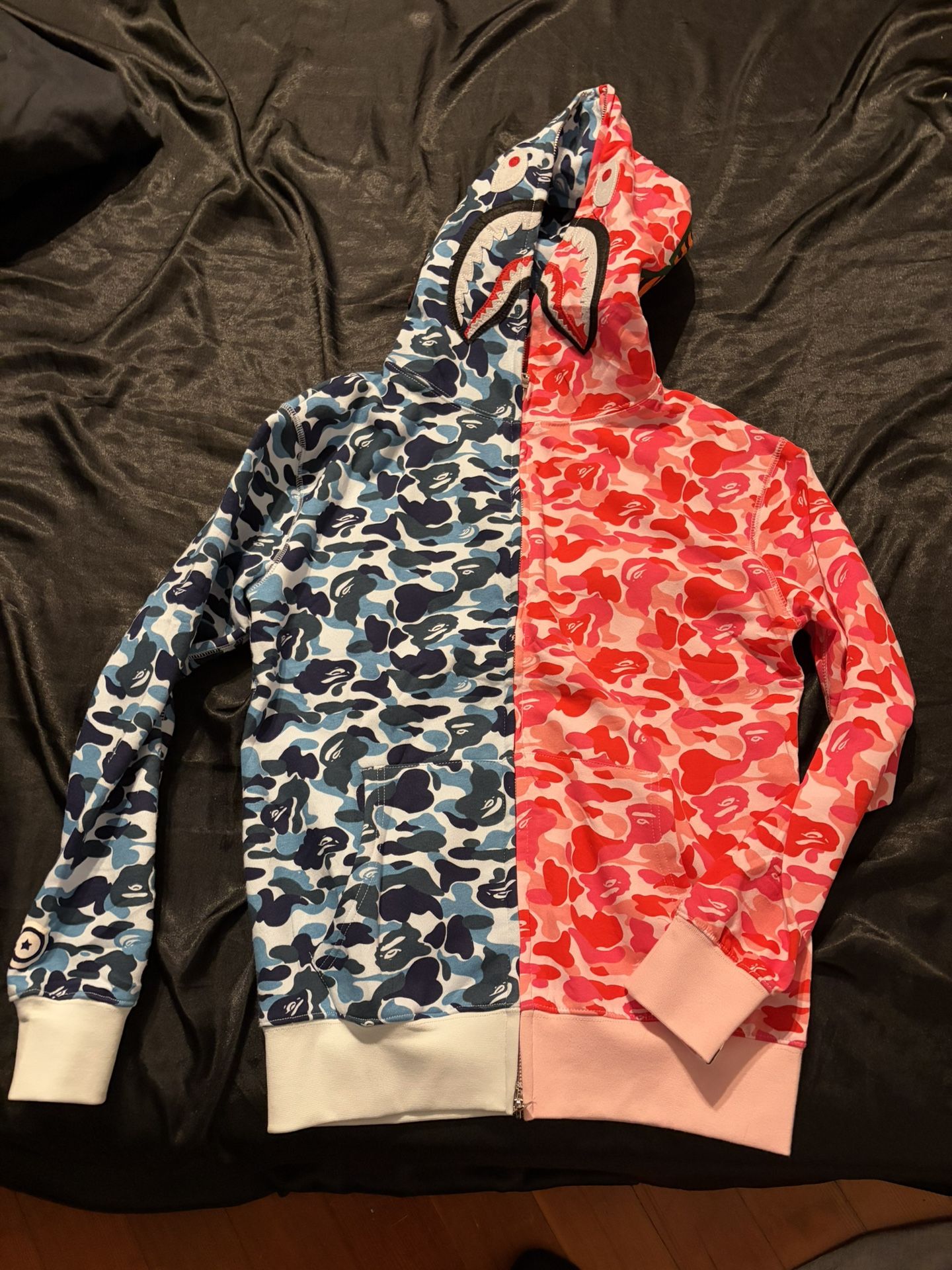 pink and blue BAPE hoodie