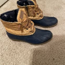 Tan and Navy Blue Sperry Duck Boots