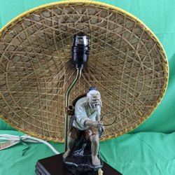Vintage Chinese Mudman Shiwan Fisherman Figurine Table Lamp 