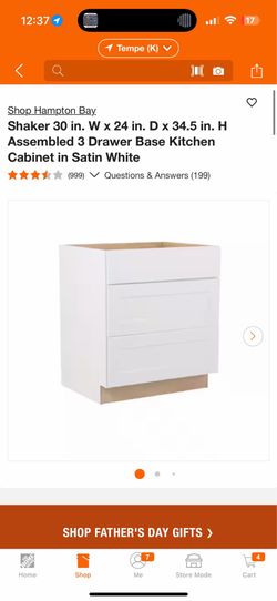 Hampton Bay Shaker 30 in. W x 24 in. D x 34.5 in. H Assembled 3 Drawer Base Kitchen Cabinet in Satin
