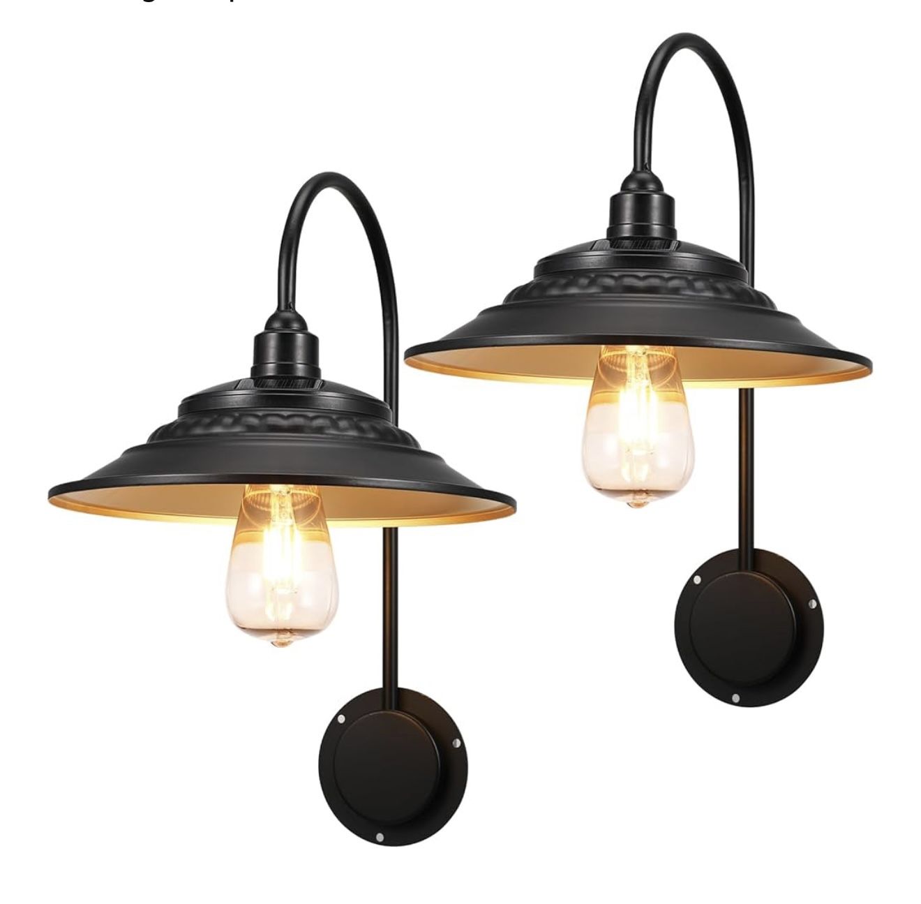 Solar Barn Lights Upgrade, 2PCS Waterproof Wall Light Fixture, Rustic Vintage Metal Gooseneck Solar Wall Mount Lights with Gold Interior, for Outdoor