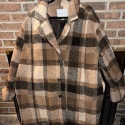 Ladies XL American Eagle tan & brown plaid long fleece jacket coat EUC