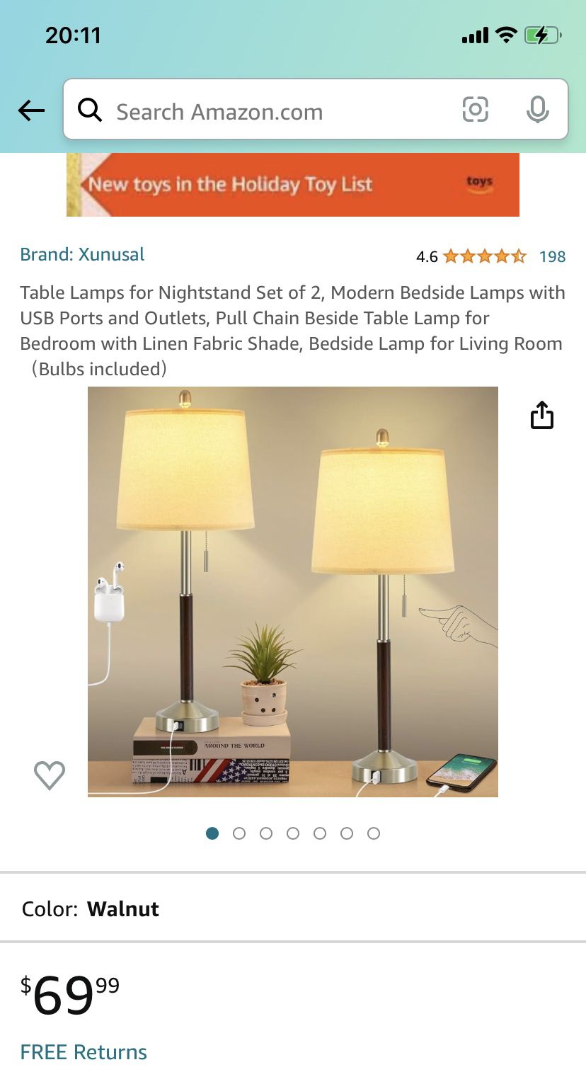 Table Lamps for Nightstand Set of 2, Modern Bedside Lamps with USB Ports and Outlets, Pull Chain Beside Table Lamp for Bedroom with Linen Fabric Shade