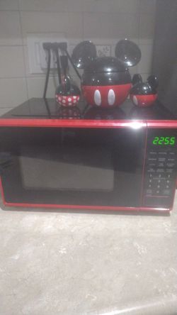 Red Microwave And Mickey Mouse Cookie Jar And Salt And Pepper Shakers