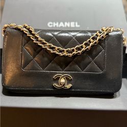 Mademoiselle Black Quilted Leather Wallet on Chain crossbody Bag