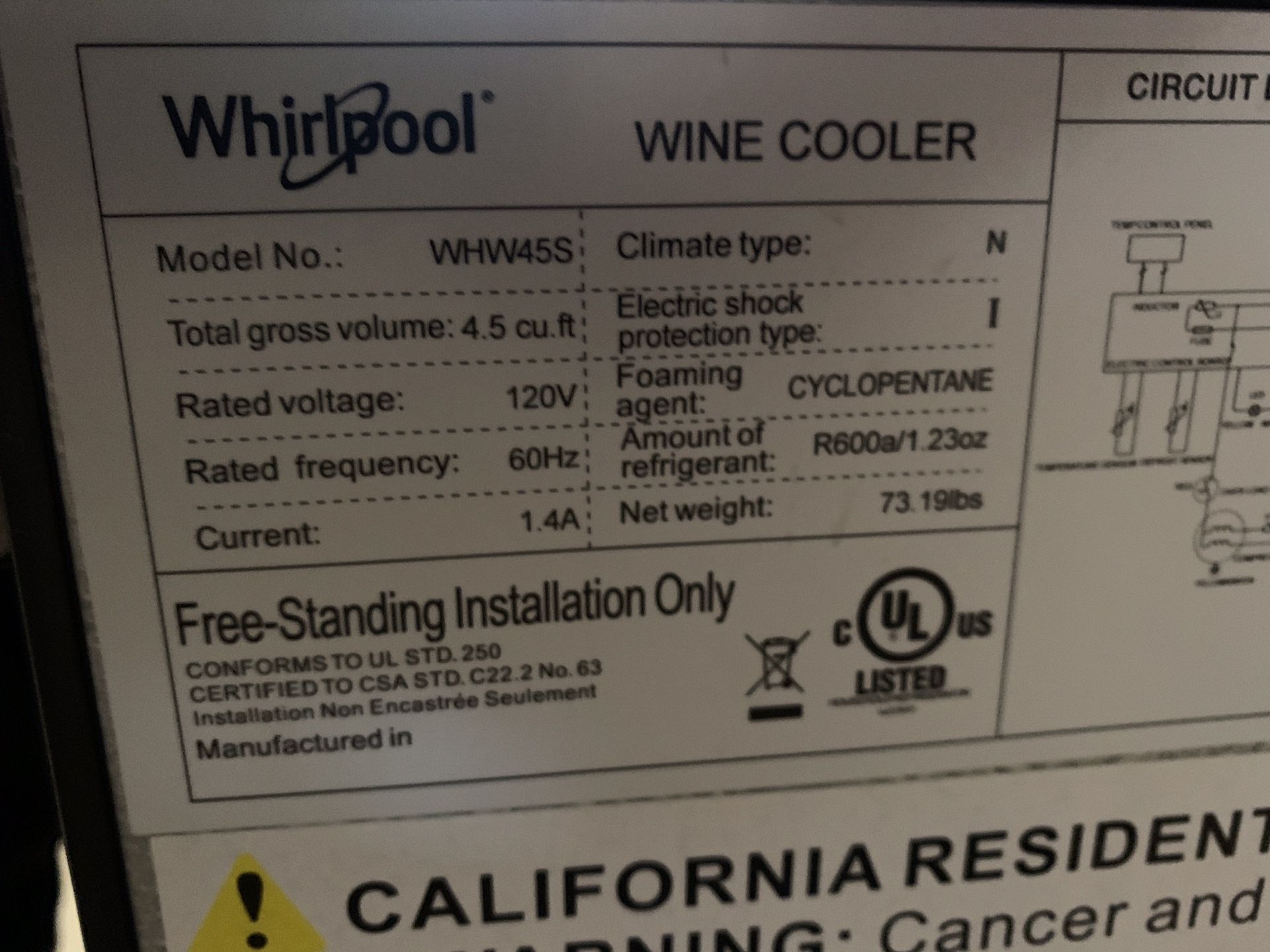 Whirlpool wine 2025 cooler whw45s