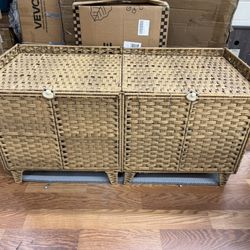 wicker cat litter box with an entrance on each 