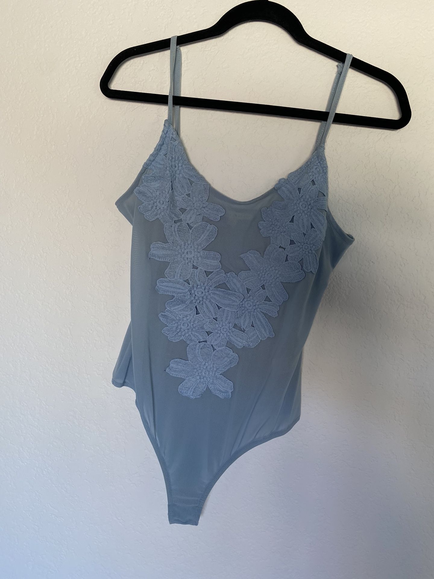 Light Blue Bodysuit With Floral Appliques