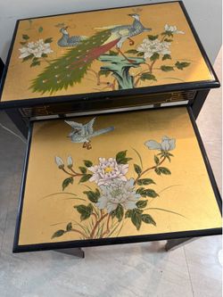 Matching Asian-Inspired Gold & Black Accent Tables – Set of 2