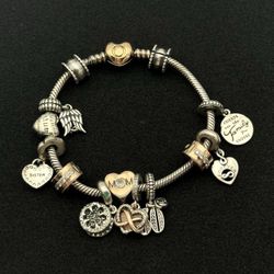Jewelry Pandora 925 sterling silver gold tone 7.0” charm bracelet with 13 charms