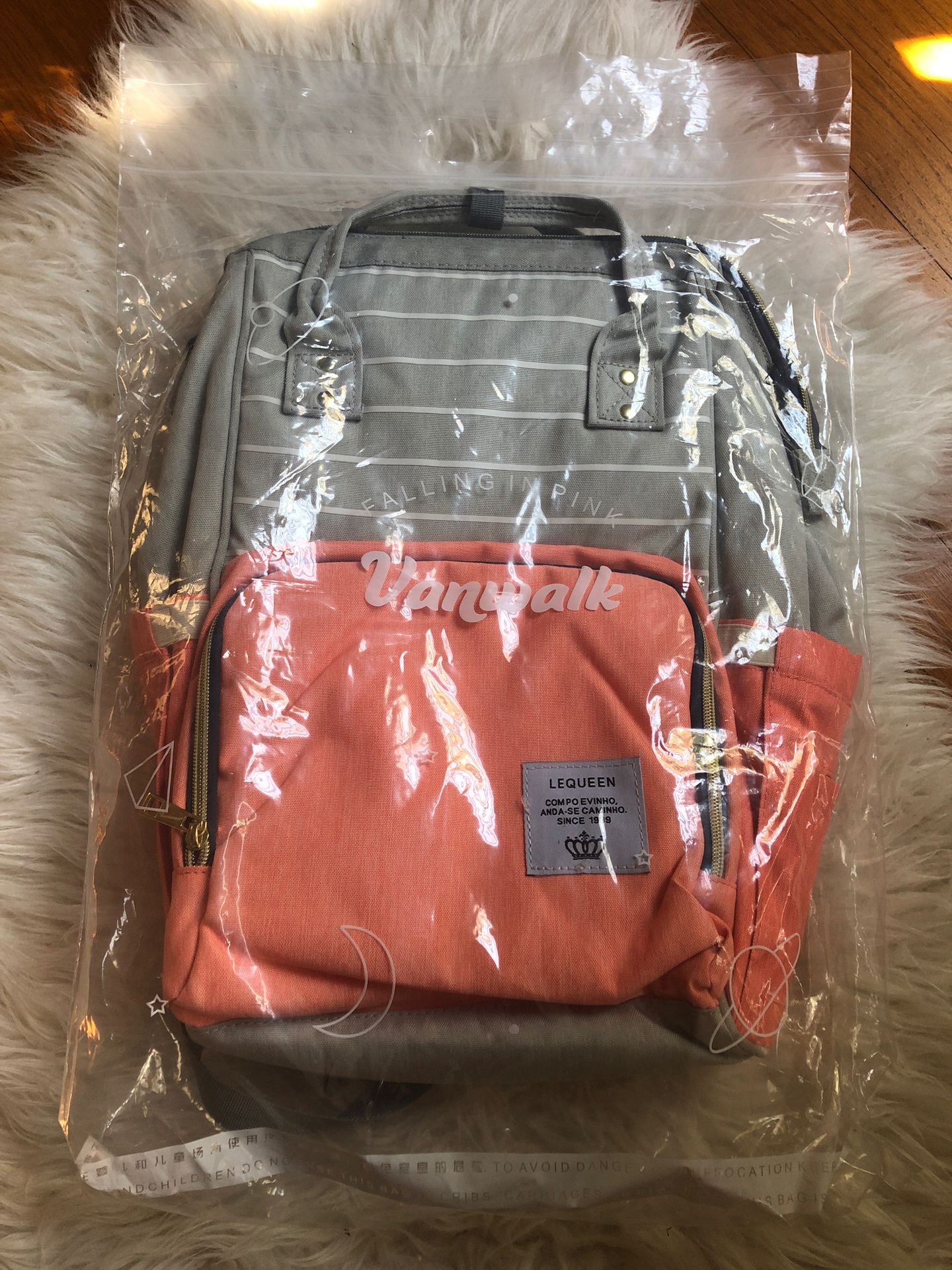 Peach and grey diaper backpack