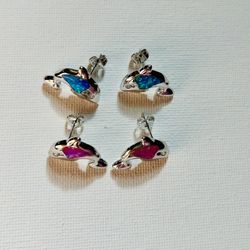 Dolphins Earrings Set Sterling Silver Lab Made Opal Pink And Blue