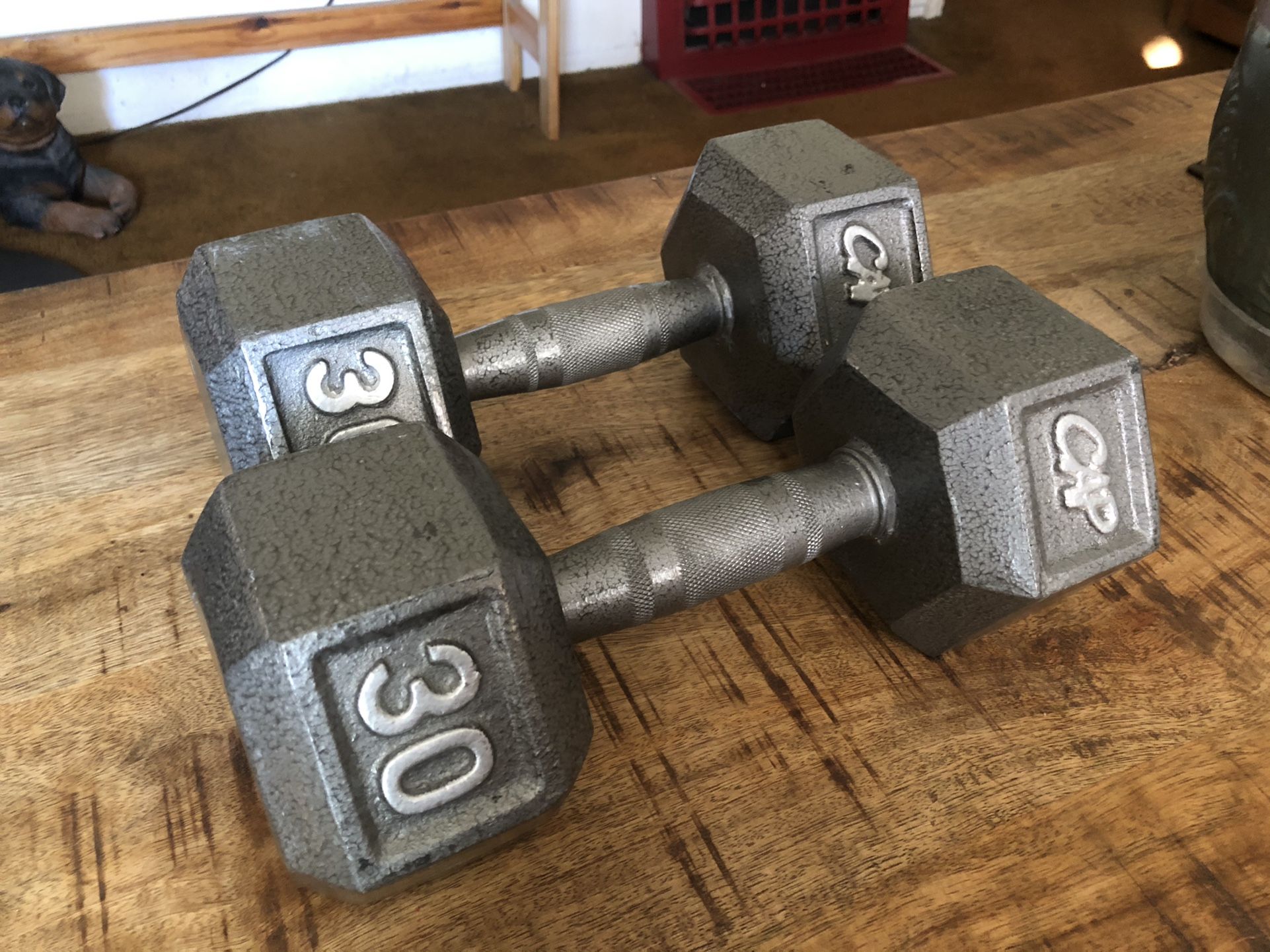 Pair of 30LB Pound Cast Iron Hex Dumbbells Weights 60LBS TOTAL