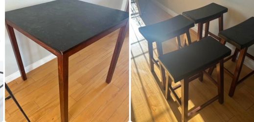 Solid wood 36”  square bar dining table, $55, 4 bar stools $25 ea