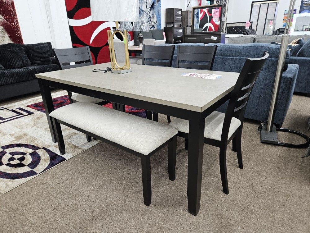 Brand New Stock Gray Color 6 PC Dining Table Set With Bench