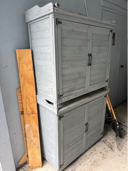Pair of Asofer Potting Bench for Outside, Potting Table with Storage Cabinet & Metal Tabletops for Patio, Grey