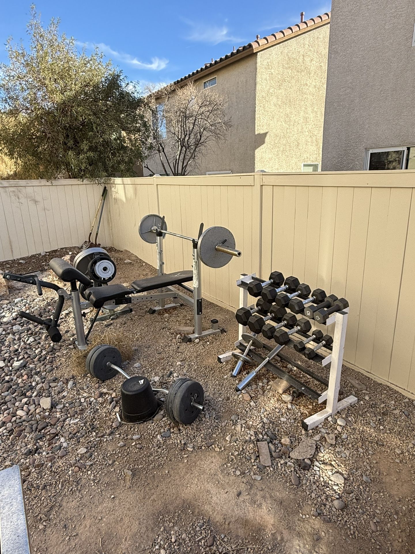 Bench Press Weights Dumbells and Rack