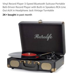 RECORD PLAYER TURNTABLE 3 SPEEDS BLUETOOTH BUILT IN SMALL SPEAKERS RCA LINE OUT AUX FOR HEADPHONES 
