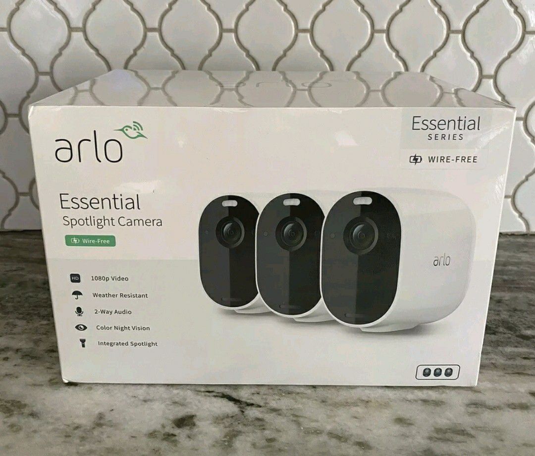 ARLO Essential Spotlight Camera (3) Pack, Wire-Free (New/sealed)
