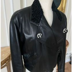 Authentic Gianni Versace Black Leather Bomber Jacket with Embellished Buttons