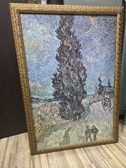 Van Gogh “Road with Cypress and Star” Framed Print with Ornate Gold Frame