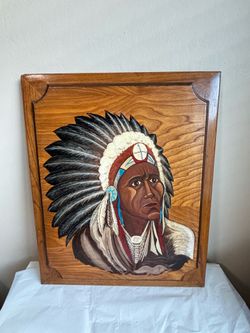 Vintage wood-mounted painting Native American Chief signed by artist 1985