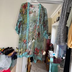 Chicos  Lily Parrot 3/4 Sleeve Silk Blend Burnout Kimono Jacket Turquoise